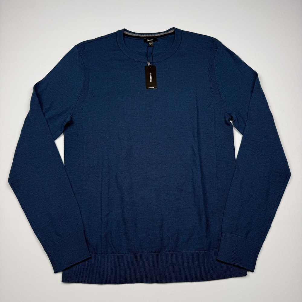 Express Sweater Mens Medium Blue Merino Wool Crewneck Knit Pullover Lightweight